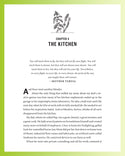 Chapter 4 focuses on The Kitchen. A Mother Teresa quote emphasizes teaching independence You will teach them to fly, but they will not fly your flight... The text narrates a story about a man creatively using kitchen appliances for his inventions, influenced by his experience as a chemist and inventor