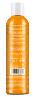 A bright orange bottle with a white cap contains Dr. Bronners Organic Hair Rinse. Text details organic hair care in three steps using Dr. Bronners soap. Certifications USDA Organic, OTCO, vegan, and cruelty free. Contact information Dr. Bronners, PO Box 1958, Vista, CA 92085, 1 844 937 2551, www.drbronner.com. Bar code 018787900011 [8 oz]