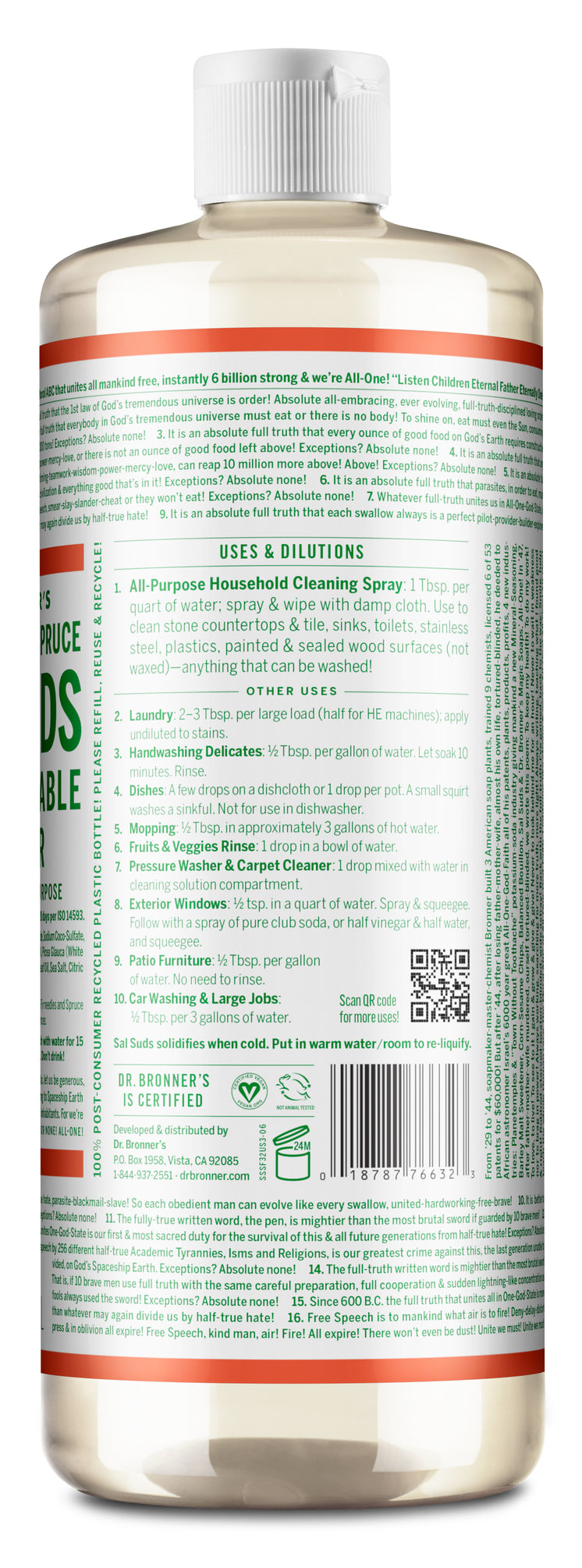 A clear plastic bottle containing clear liquid stands on a white background. The label displays detailed green text, including ingredients and usage instructions. A white cap tops the bottle [32 oz]