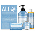 A collection of Dr. Bronners personal care products, featuring liquid soap, bar soap, and balm in blue packaging. Text highlights claims of being certified organic, fair trade, and eco friendly