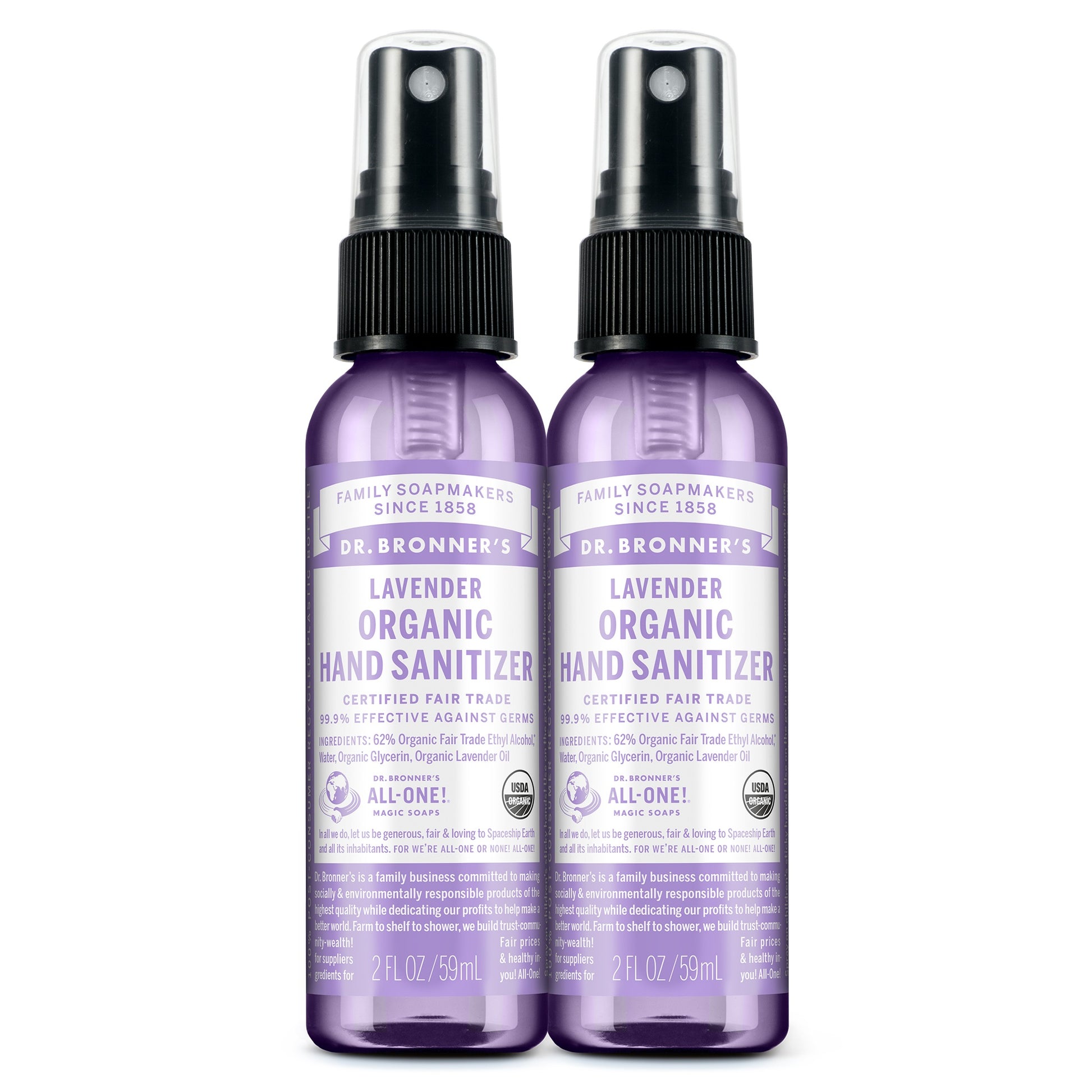 Two bottles of Dr. Bronners Lavender Organic Hand Sanitizer stand upright on a white background. Each bottle reads Family Soapmakers Since 1858. Lavender Organic Hand Sanitizer. Certified Fair Trade Ingredients. 2 FL OZ 59mL