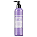 A lavender bottle labeled Dr. Bronners Lavender Coconut Organic Hand Body Lotion features a pump dispenser. Text highlights fair trade and organic certification. The bottle stands against a white background [8 oz]