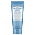 A blue tube labeled Dr. Bronners Unscented Organic Shaving Soap, features text about family soapmaking since 1858 and fair trade ingredients. The tube emphasizes its natural and organic qualities. Size 7 FL OZ [7 oz]