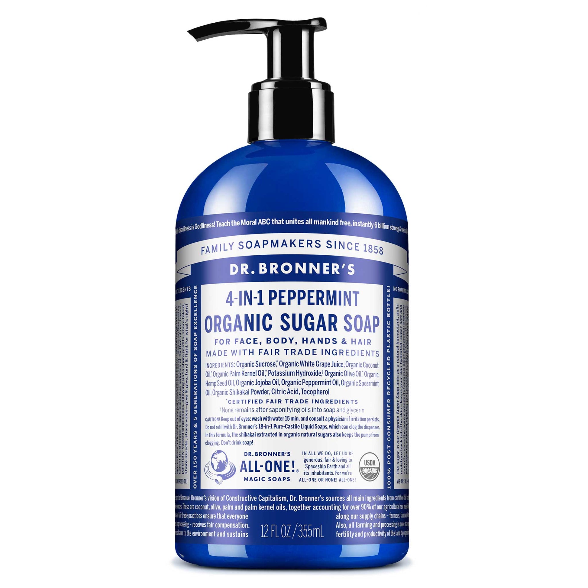 A blue bottle of Dr. Bronners Peppermint Organic Sugar Soap with a pump dispenser stands against a white background. The front label details ingredients and product information, emphasizing organic certification [12 oz]