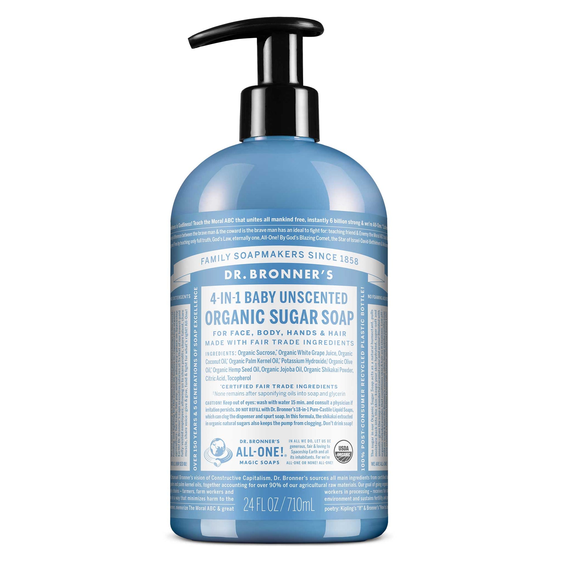 A blue bottle of Dr. Bronners Baby Unscented Pure Castile Liquid Soap with a pump top showcases text detailing its fair trade, organic, vegan, and biodegradable attributes, emphasizing eco friendly and sustainable qualities [24 oz]