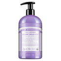 A lavender colored bottle with a pump dispenses Dr. Bronners Lavender Organic Sugar Soap. The label features text promoting organic and fair trade ingredients, enhancing eco friendly personal care routines [24 oz]