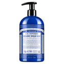 A blue bottle of Dr. Bronners Organic Sugar Soap with pump dispenser displayed on a white background. The label features small, detailed text about ingredients and product details, highlighting eco friendly and fair trade certifications [24 oz]