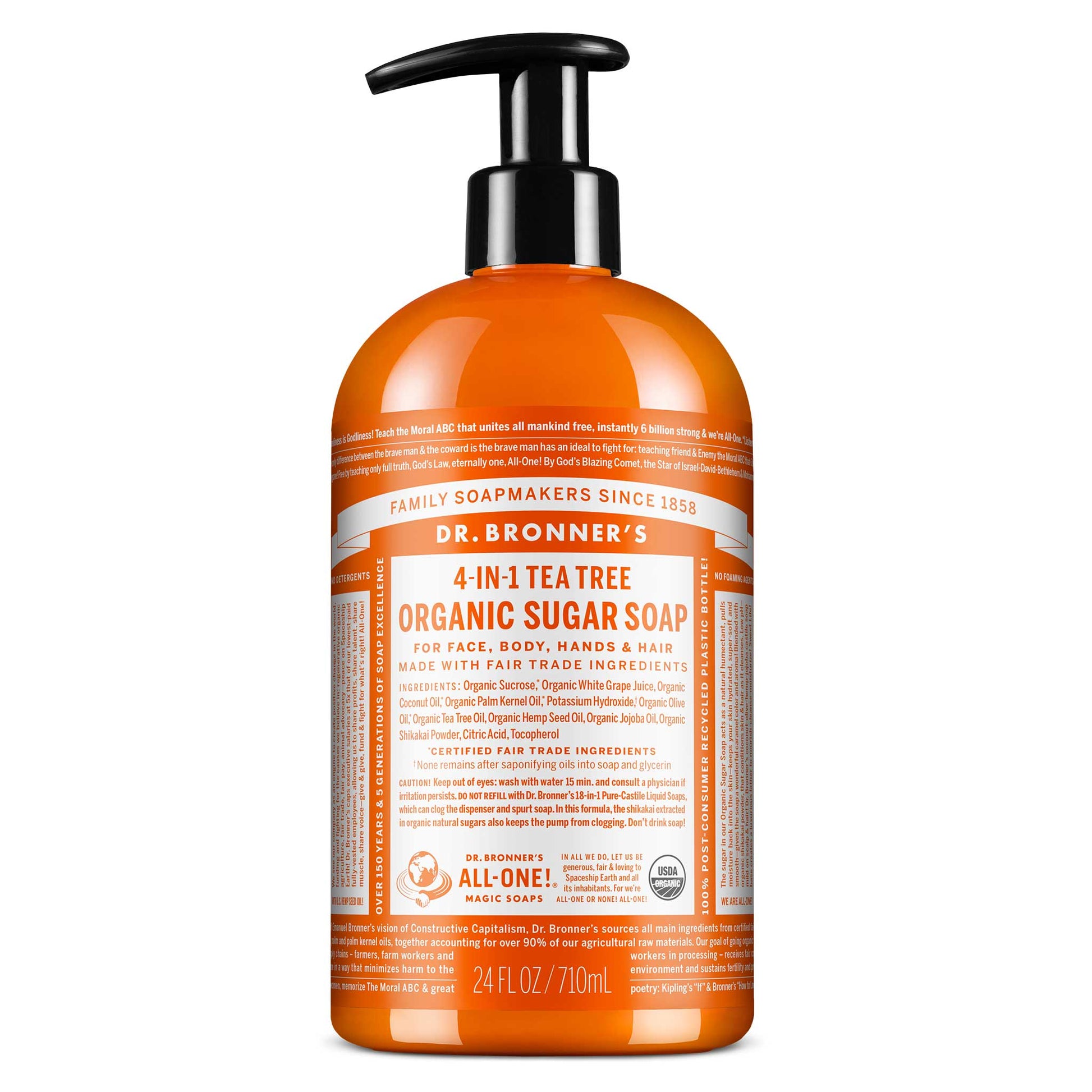 Dr. Bronners 4 in 1 Tea Tree Organic Sugar Soap is a pump bottle featuring fair trade ingredients. The orange label reads For face, body, hands hair. The natural soap promotes eco friendly skincare [24 oz]
