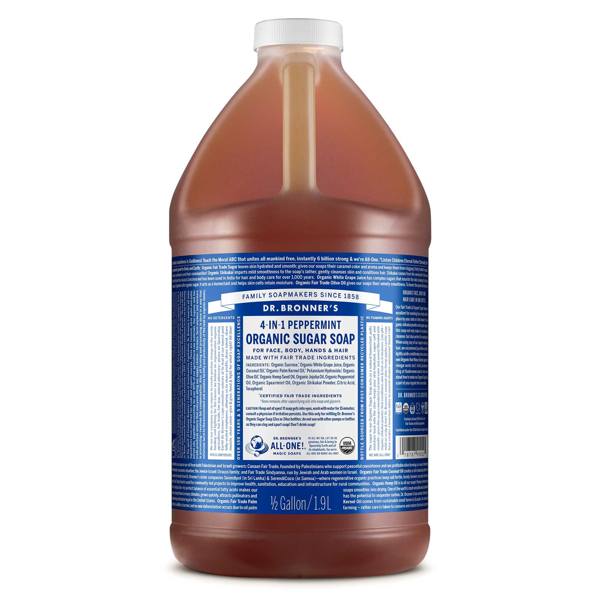 A large bottle of Dr. Bronners 4 in 1 Peppermint Organic Sugar Soap is displayed, featuring a blue label depicting detailed product information and branding for versatile uses. It emphasizes the bottles capacity of 12 gallon [1/2 Gallon]