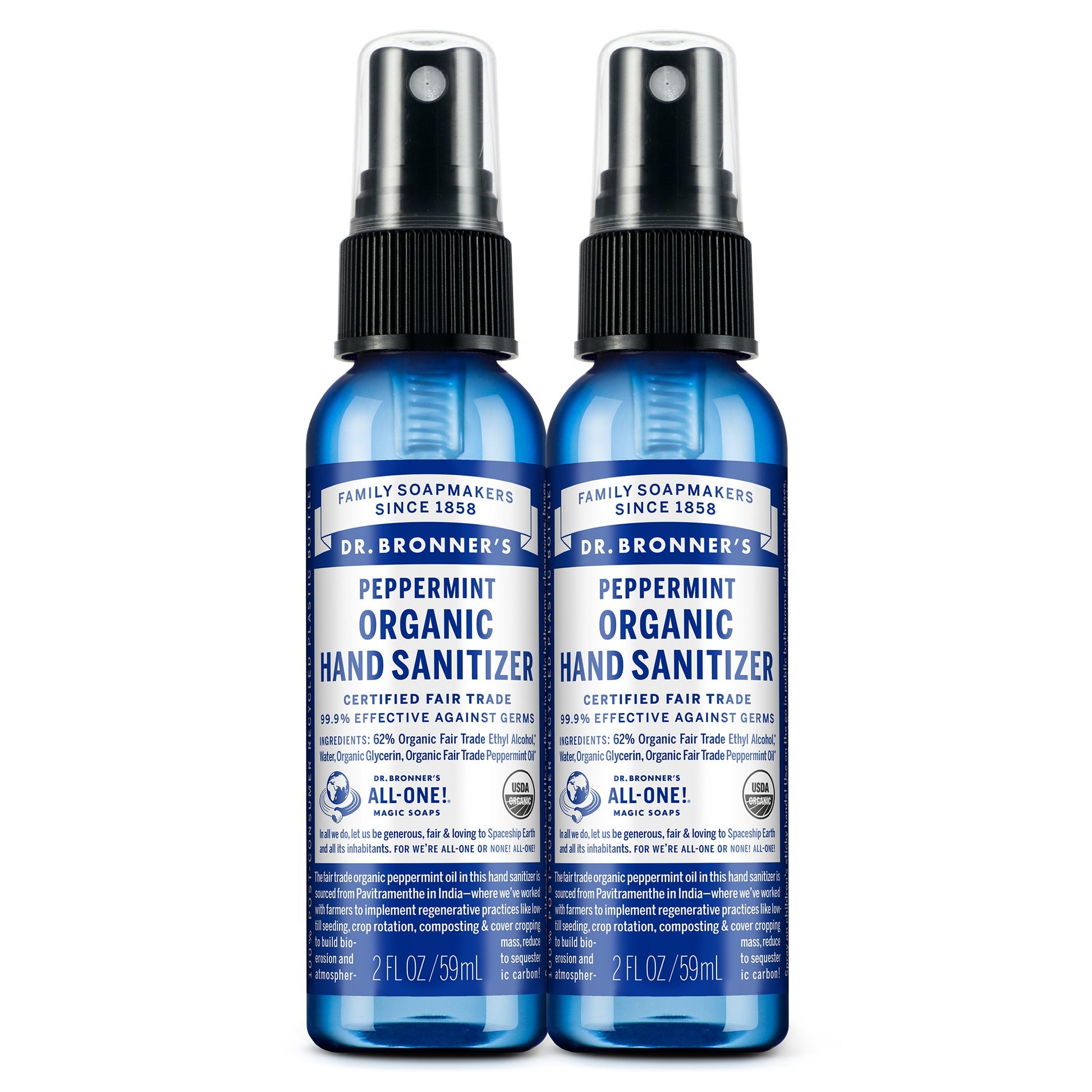 Two blue 2 fl oz bottles of Dr. Bronners Peppermint Organic Hand Sanitizer with spray tops, labeled as certified fair trade. Text reads FAMILY SOAPMAKERS SINCE 1858, PEPPERMINT ORGANIC HAND SANITIZER, CERTIFIED FAIR TRADE, and ALL ONE Ideal for eco friendly hygiene