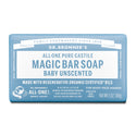 Dr. Bronners All One Pure Castile Magic Bar Soap, Baby Unscented, features a blue wrapper with white text promoting its regenerative organic certified oils, body face hands use, and fair trade certification. Net wt 5 oz140g [5 oz]