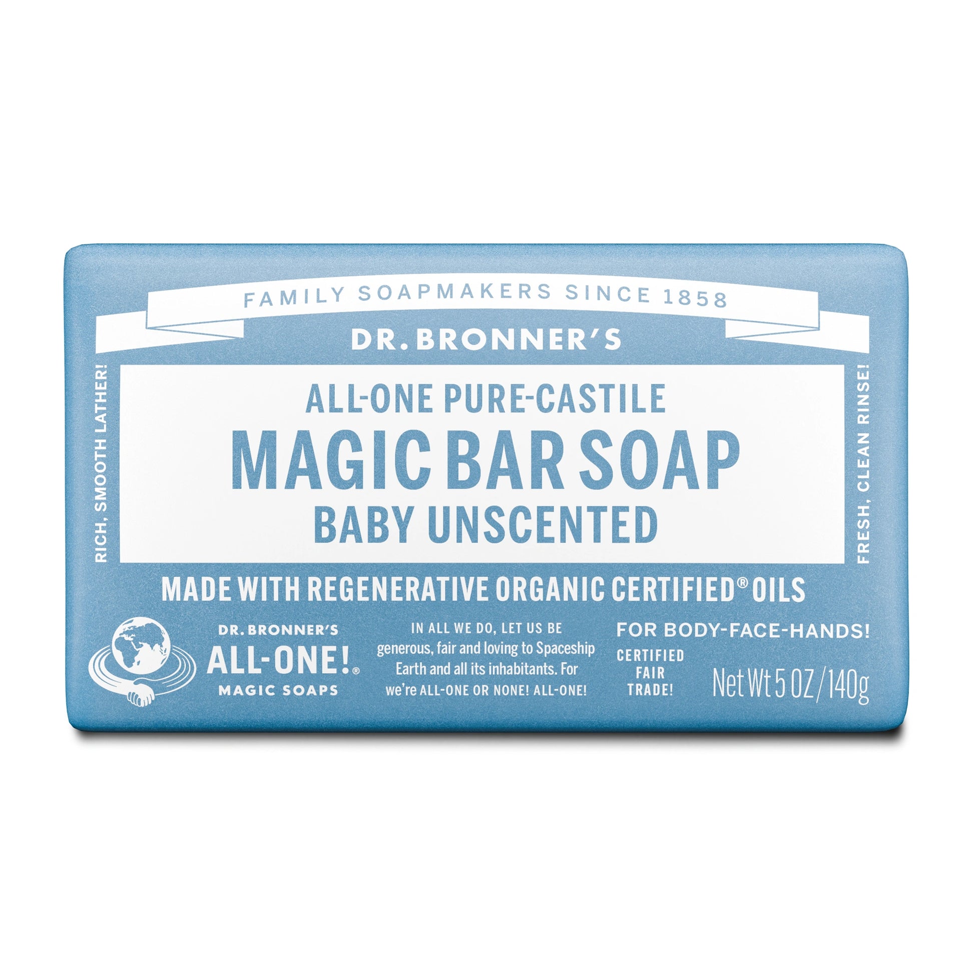 Dr. Bronners All One Pure Castile Magic Bar Soap, Baby Unscented, features a blue wrapper with white text promoting its regenerative organic certified oils, body face hands use, and fair trade certification. Net wt 5 oz140g [5 oz]