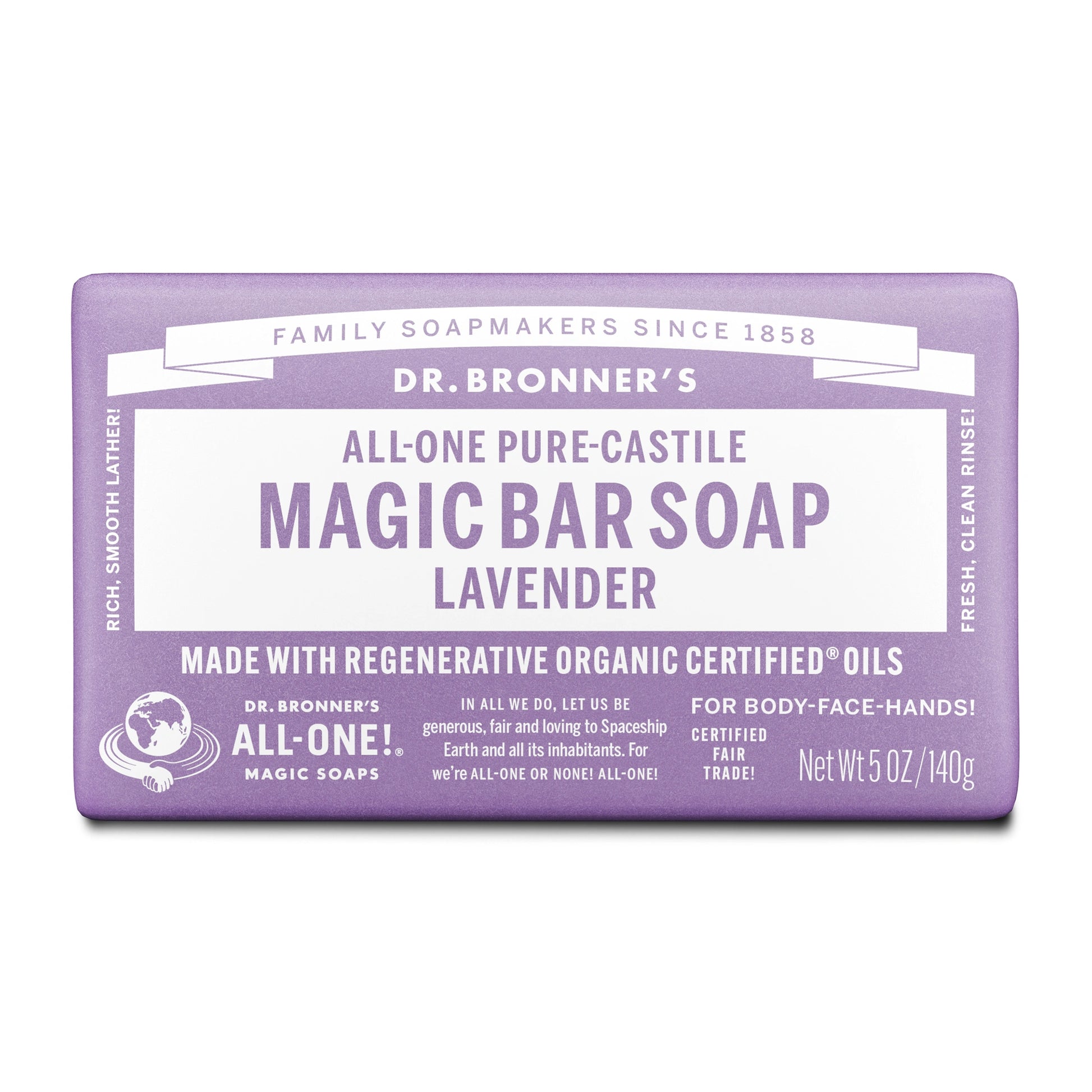 Dr. Bronners lavender Magic Bar Soap features lavender packaging with white text. It emphasizes All One Pure Castile Magic Bar Soap and Made with Regenerative Organic Certified Oils. Net weight 5 oz140g. Perfect for body and hands [5 oz]