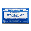 A bar of Dr. Bronners Magic Pure Castile Soap in peppermint scent with blue packaging. Text includes Dr. Bronners All One Pure Castile Magic Bar Soap Peppermint, Made with Regenerative Organic Certified Palm Oil [5 oz]