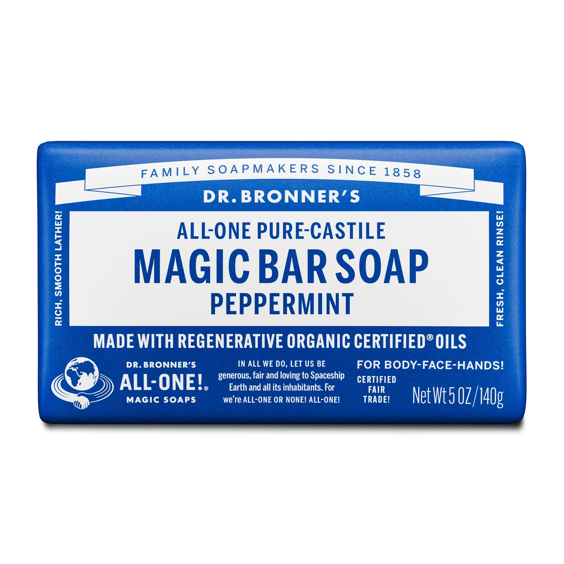 A bar of Dr. Bronners Magic Pure Castile Soap in peppermint scent with blue packaging. Text includes Dr. Bronners All One Pure Castile Magic Bar Soap Peppermint, Made with Regenerative Organic Certified Palm Oil [5 oz]