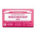 A bar of Dr. Bronners All One Pure Castile Magic Bar Soap, Rose, sits packaged with text emphasizing regenerative organic certified oils, suitable for body, face, and hands. Net Wt 5 oz140g [5 oz]