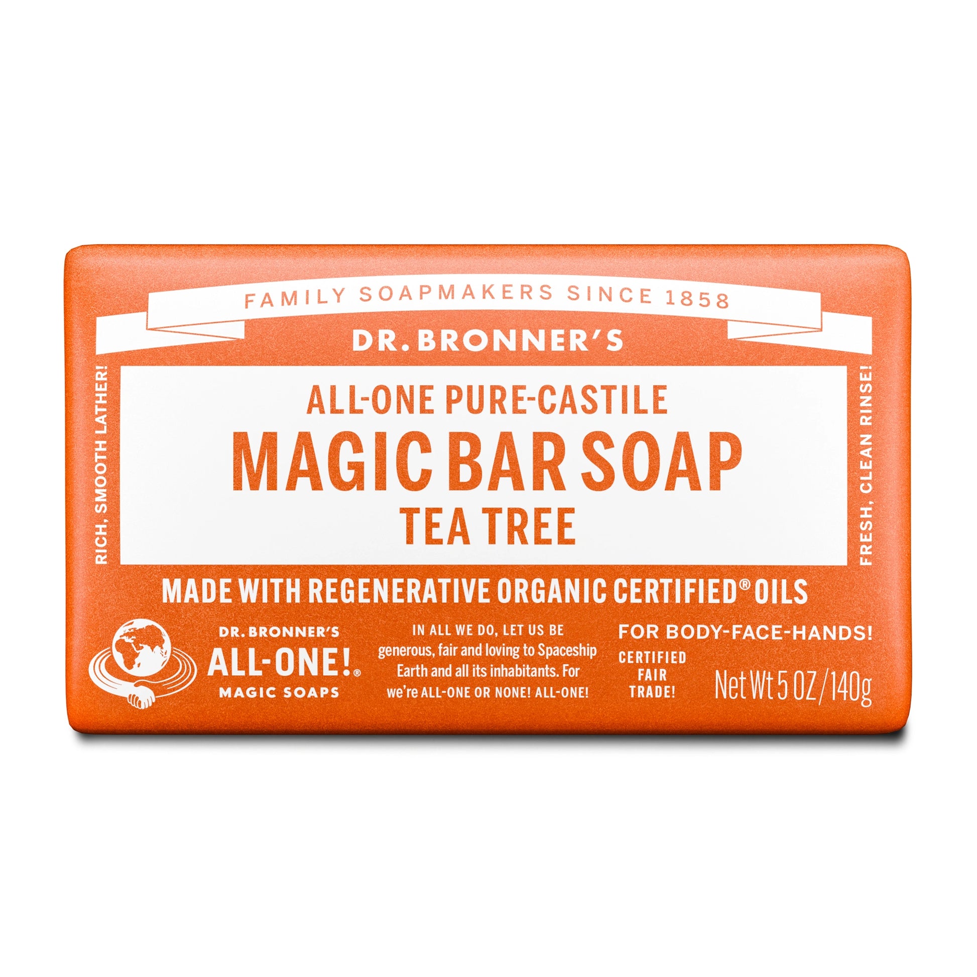 Dr. Bronners Magic Bar Soap, Tea Tree flavor, wrapped in orange and white packaging. It promotes regenerative organic certified oils, fair trade, and is intended for body, face, and hands. Net weight 5 oz140 g [5 oz]
