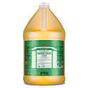 A large, transparent jug filled with a golden liquid features a green label. The text reads Dr. Bronners Magic Soap, 18 in 1 Pure Castile, Almond, 1 Gallon 3.8L. Eco friendly product details are printed below in white [1 Gallon]