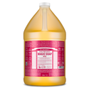 A one gallon bottle of Dr. Bronners 18 in 1 Pure Castile Magic Soap in rose scent features a prominent red label with detailed text about ingredients and uses. The eco friendly soap highlights its fair trade and organic certifications [1 Gallon]