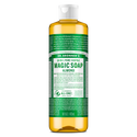A bottle of Dr. Bronners 18 in 1 Hemp Eucalyptus Pure Castile Soap sits upright. The label details its organic and fair trade certifications, emphasizing its multipurpose, eco friendly use in personal care and cleaning [16 oz]