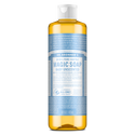 A bottle of Dr. Bronners Baby Unscented Pure Castile Soap features a blue label with extensive text detailing its natural, organic ingredients, and various sustainable uses. The cap is white [16 oz]