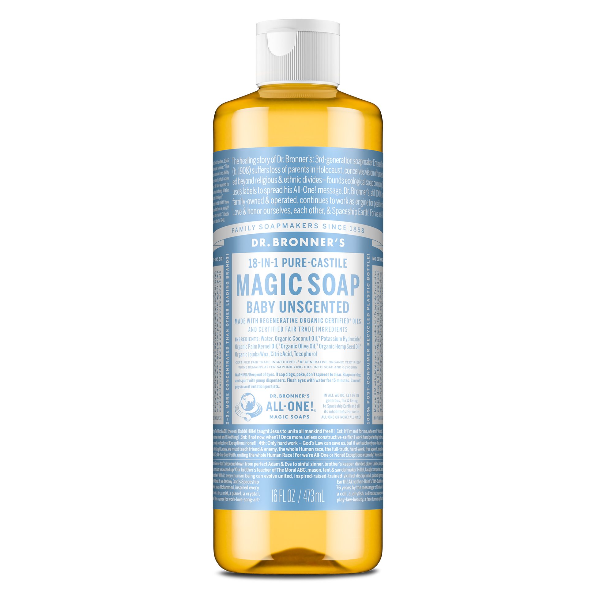 A bottle of Dr. Bronners Baby Unscented Pure Castile Soap features a blue label with extensive text detailing its natural, organic ingredients, and various sustainable uses. The cap is white [16 oz]