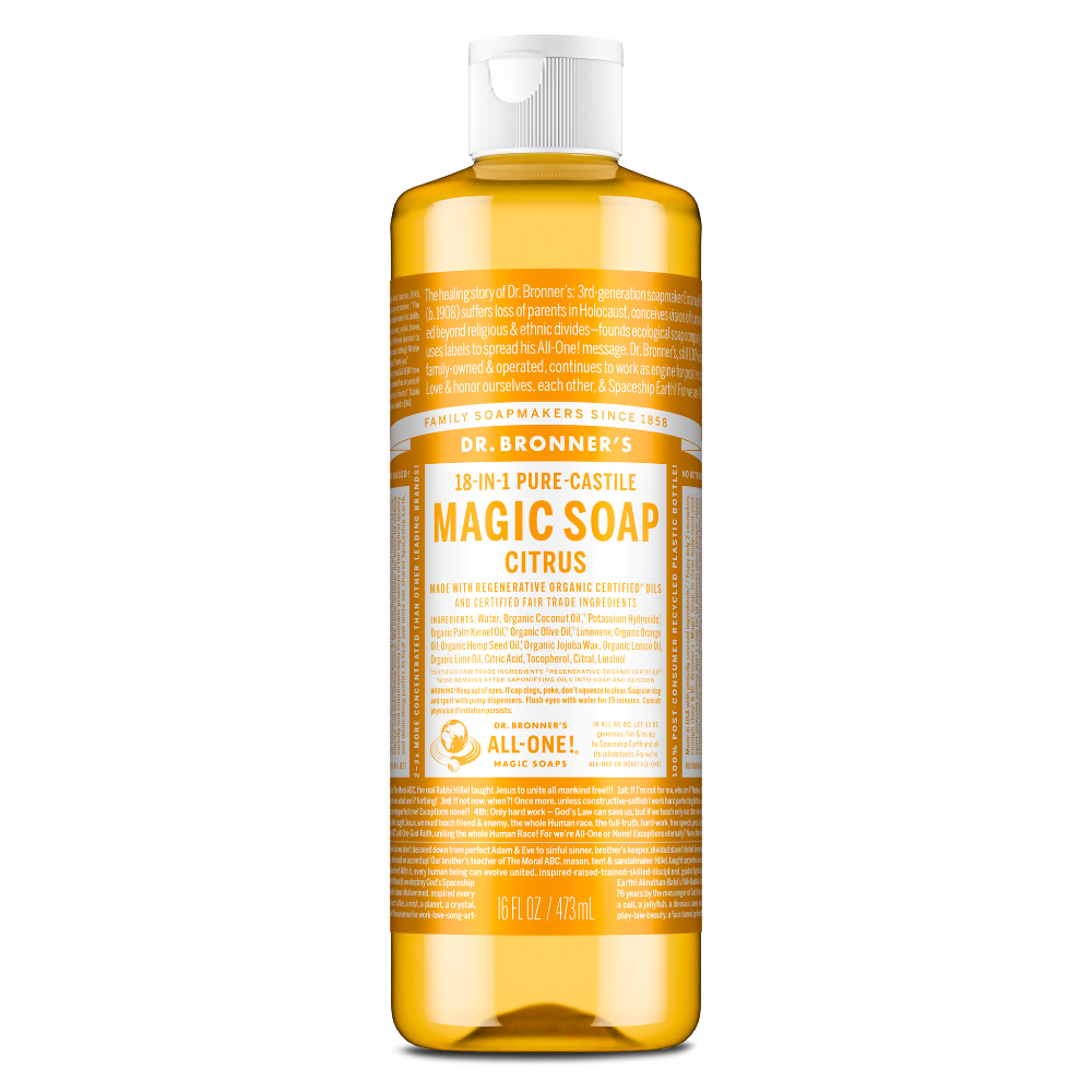 A bottle of Dr. Bronners Citrus Castile Soap stands upright, displaying extensive text detailing its multifaceted uses and organic ingredients. The label emphasizes the products eco friendly and fair trade certification, ideal for sustainable living. DR. BRONNERS MAGIC SOAP CASTILE CITRUS MADE WITH ORGANIC OILS 100 BIODEGRADEABLE Fair Trade Certified MADE IN U.S.A [16 oz]