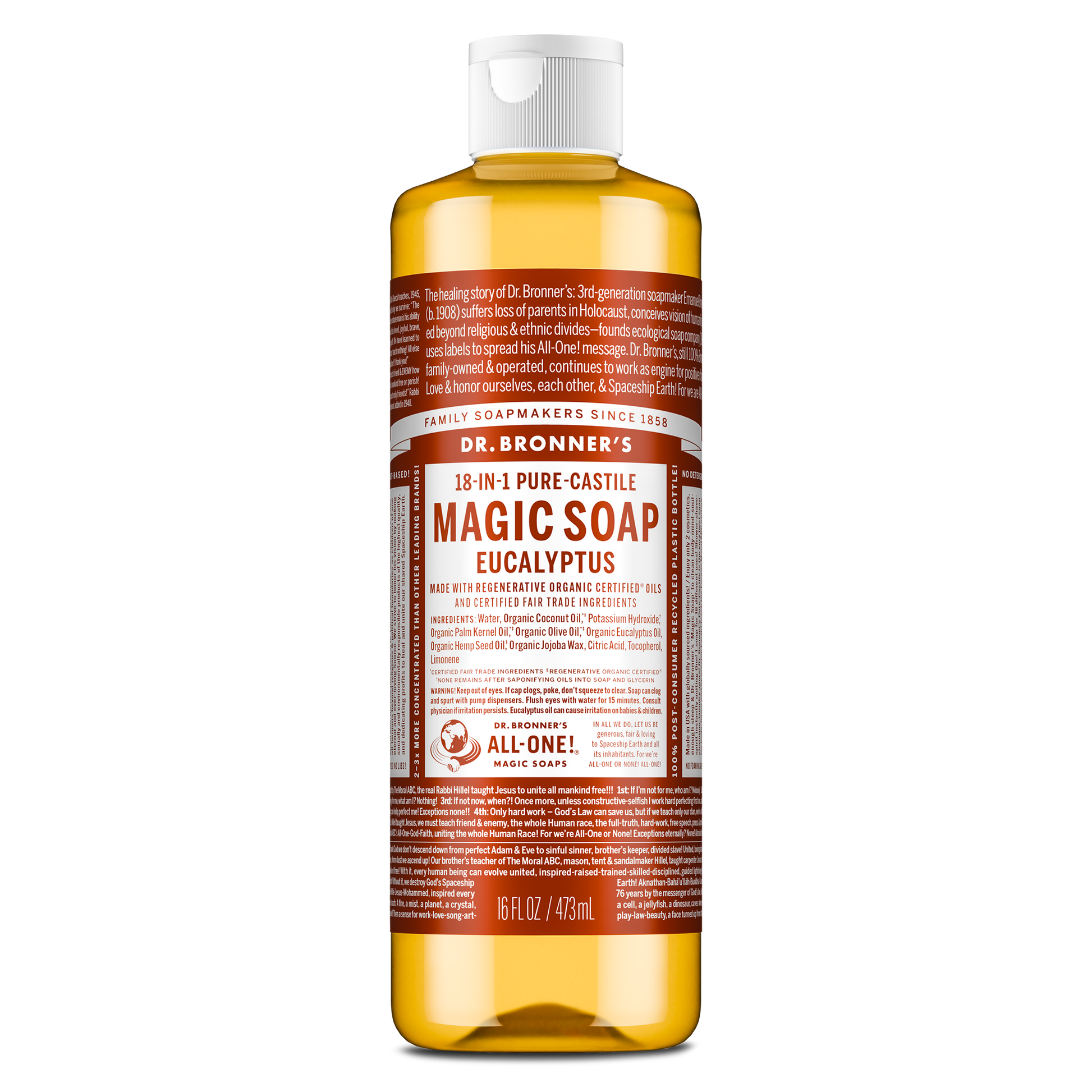 A bottle of Dr. Bronners almond castile soap stands upright with a white cap. The label includes Dr. Bronners 18 in 1 Hemp Almond Pure Castile Soap text. The background is plain white [16 oz]