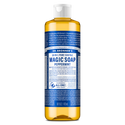 Bottle of Dr. Bronners 18 in 1 Pure Castile Magic Soap in peppermint. Bottle features detailed text highlighting organic, fair trade ingredients and sustainability. Size 16 fl oz [16 oz]