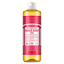 Dr. Bronners 18 in 1 Pure Castile Magic Soap Rose bottle features a red label with white text. It includes organic ingredients like coconut and olive oils, emphasizing its eco friendly and versatile uses. 473ml [16 oz]
