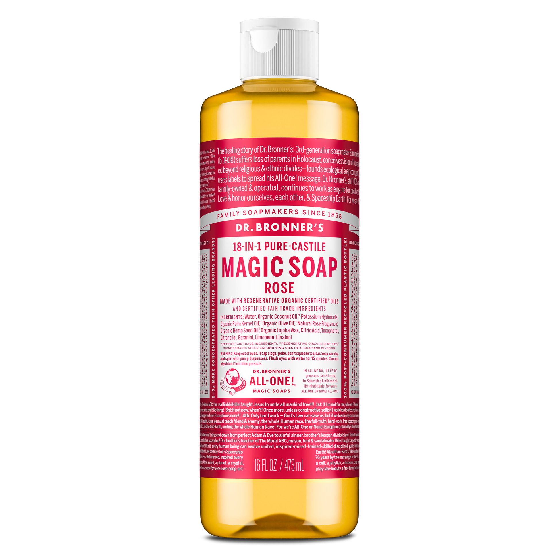 Dr. Bronners 18 in 1 Pure Castile Magic Soap Rose bottle features a red label with white text. It includes organic ingredients like coconut and olive oils, emphasizing its eco friendly and versatile uses. 473ml [16 oz]