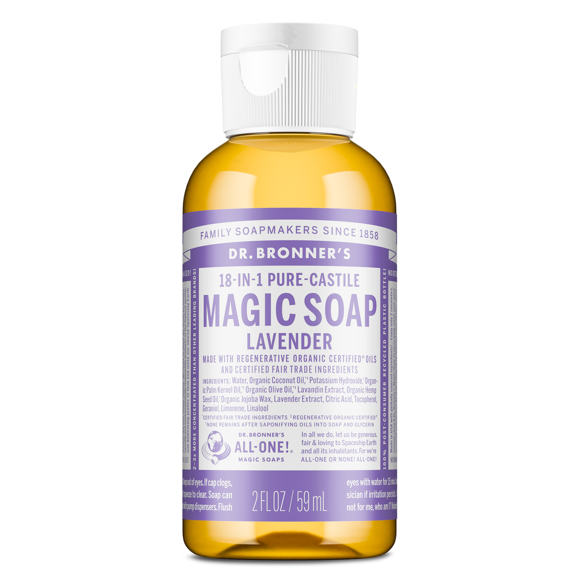A 2 fl oz bottle of Dr. Bronners 18 in 1 Pure Castile Magic Soap Lavender, featuring a purple label with Made with regenerative organic certified oils and certified fair trade ingredients. Ideal for eco friendly and organic personal care [2 oz]
