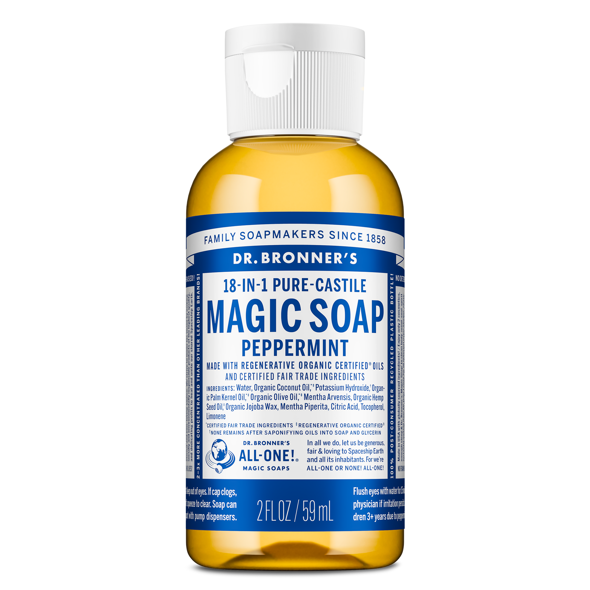 Dr. Bronners 2 fl oz bottle of 18 in 1 Pure Castile Magic Soap in peppermint scent stands upright. The label highlights organic certification and fair trade ingredients. Ideal as a natural, all purpose soap [2 oz]