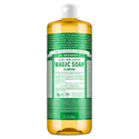 A bottle of Dr. Bronners 18 in 1 Pure Castile Magic Soap Almond features extensive green and white labeling with detailed product information. The bottle holds 32 fl oz of liquid soap [32 oz]