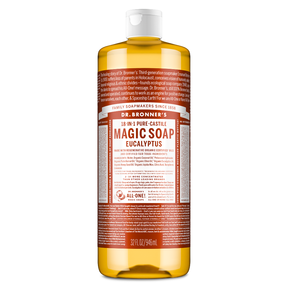 Dr. Bronners 18 in 1 Pure Castile Magic Soap in a 32 fl oz bottle features eucalyptus, offering versatile cleaning and refreshing scents. Text highlights its organic certification, eco friendliness, and multi purpose use [32 oz]