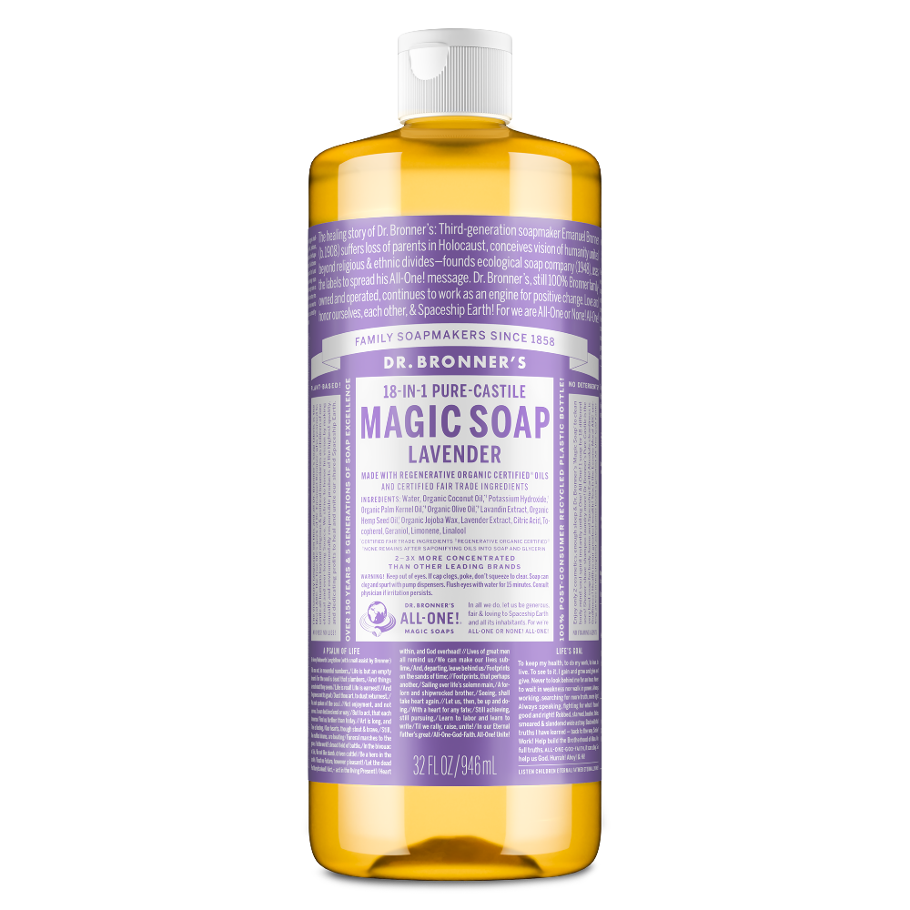 A 32 fl oz bottle of Dr. Bronners 18 in 1 Pure Castile Magic Soap Lavender, featuring a lavender label detailing its organic, fair trade ingredients and versatile use. Ideal for eco friendly cleaning and skincare [32 oz]