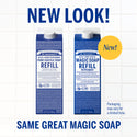Dr. Bronners peppermint castile soap cartons feature a new design labeled 18 in 1 Pure Castile Soap Refill against a tiled background. Text reads NEW LOOK SAME GREAT MAGIC SOAP. Packaging may vary for a limited time [32 oz]