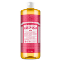 A bottle of Dr. Bronners Rose Pure Castile Liquid Soap features a red label with text detailing the 18 in 1 uses, organic ingredients, and benefits of eco friendly, biodegradable cleaning [32 oz]