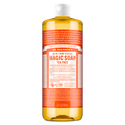 Bottle of Dr. Bronners Tea Tree Pure Castile Liquid Soap labeled in red. Text includes Dr. Bronners Magic Soap, Tea Tree, 18 in 1 Hemp, and instructions. Contains organic and fair trade ingredients suitable for eco friendly cleaning uses [32 oz]