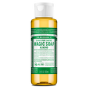 A small bottle labeled Dr. Bronners 18 in 1 Pure Castile Magic Soap Almond contains liquid castile soap in a clear container with a white flip top cap, featuring green, detailed text [3.4 oz]
