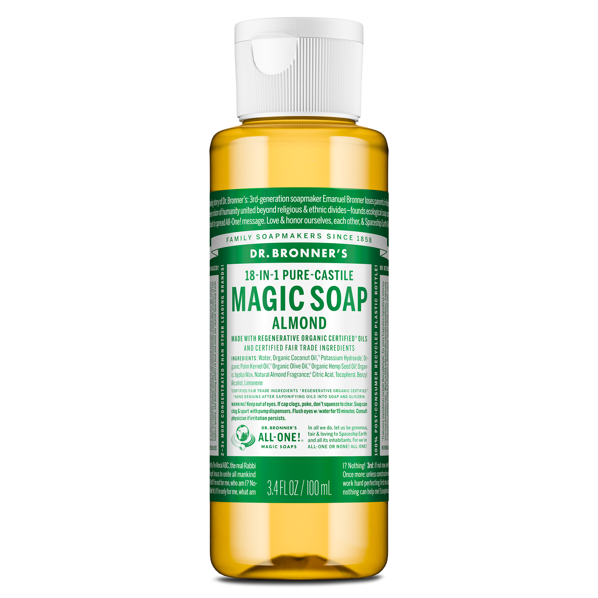 A small bottle labeled Dr. Bronners 18 in 1 Pure Castile Magic Soap Almond contains liquid castile soap in a clear container with a white flip top cap, featuring green, detailed text [3.4 oz]