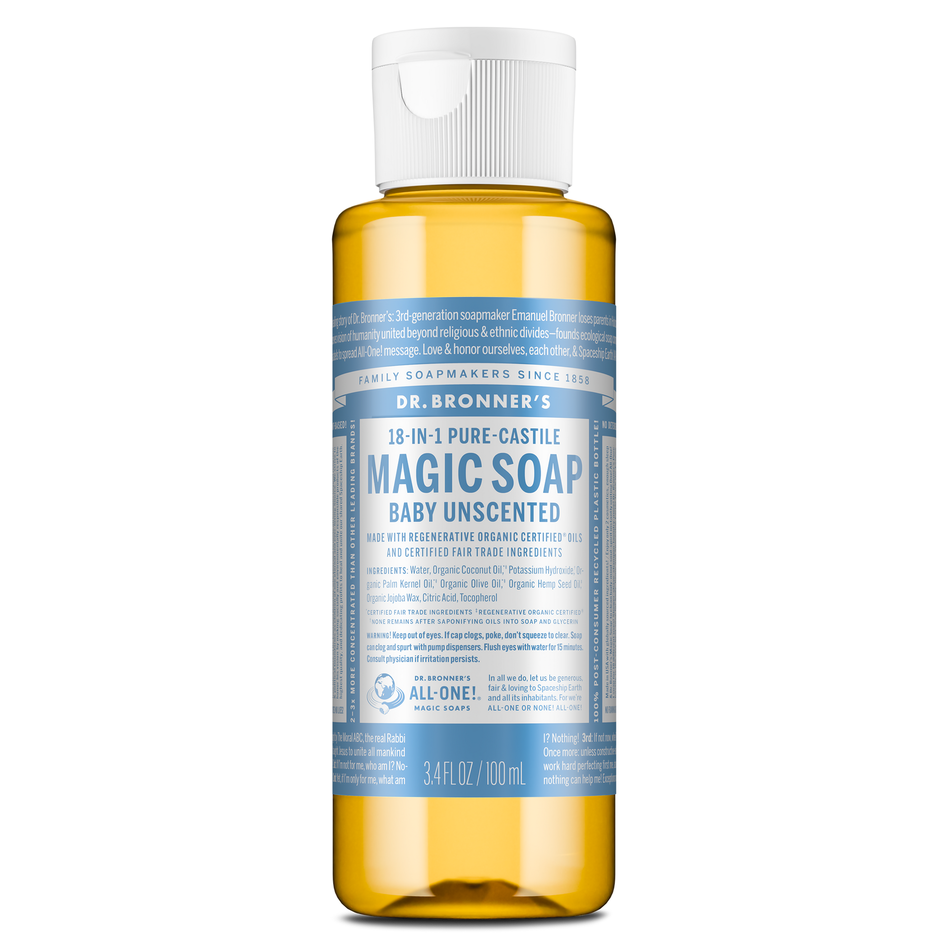 A bottle of Dr. Bronners 18 in 1 Pure Castile Magic Soap, Baby Unscented, with regenerative organic certification. Text includes usage instructions and a 3.4 fl. oz. capacity indication [3.4 oz]