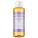 A bottle of Dr. Bronners Lavender Pure Castile Liquid Soap stands upright, featuring a lavender label with white text detailing ingredients and usage. Suitable for eco friendly, multi purpose cleaning needs [3.4 oz]
