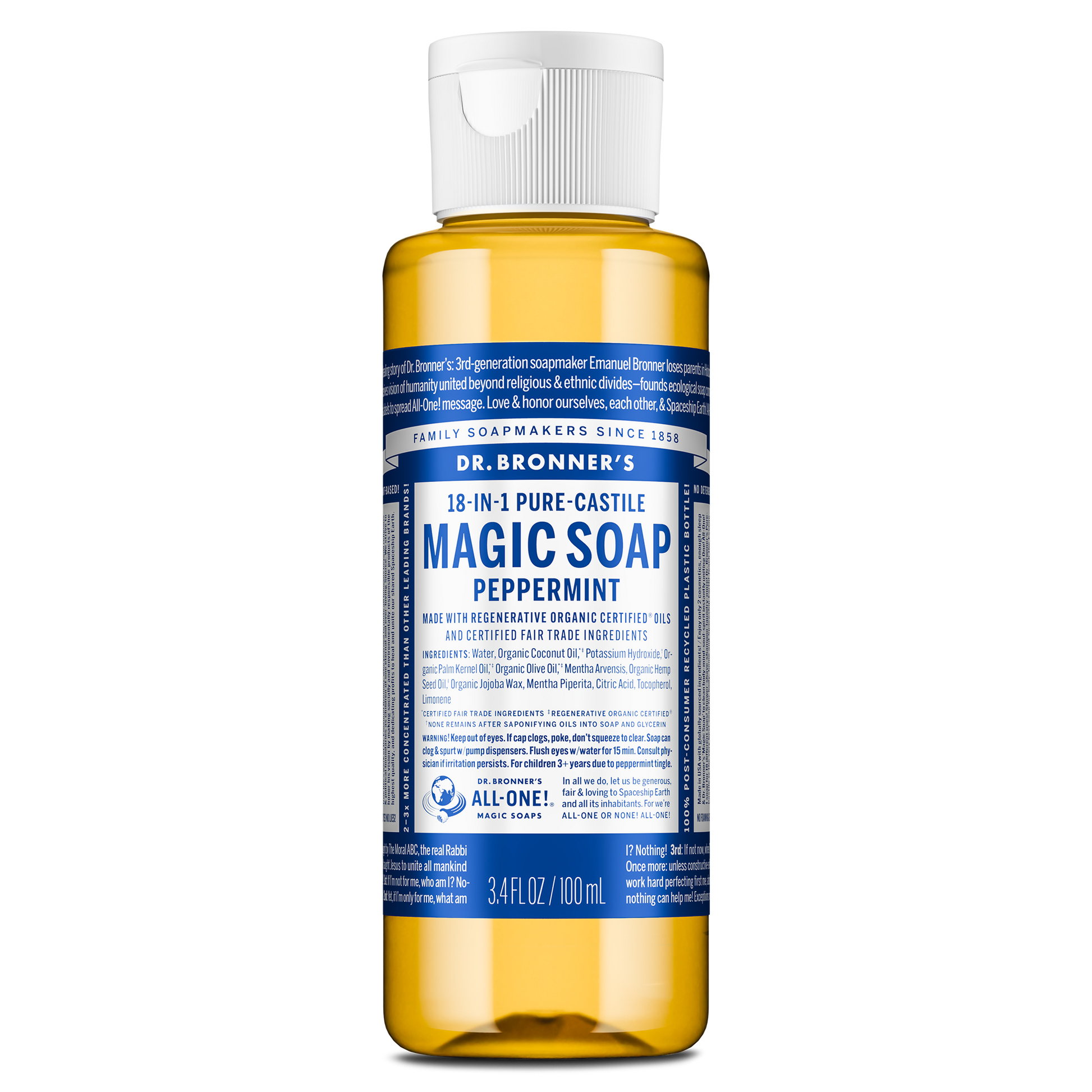 A 3.4 fl oz bottle of Dr. Bronners 18 in 1 Pure Castile Magic Soap Peppermint features a blue label with white text detailing its regenerative organic certified oils and fair trade ingredients [3.4 oz]