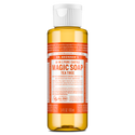A compact 3.4 fl oz bottle of Dr. Bronners 18 in 1 Pure Castile Magic Soap features a white cap and vibrant orange label, highlighting Tea Tree scent with details about its organic certification [3.4 oz]