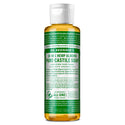 A 4 fl oz clear bottle labeled Dr. Bronners 18 in 1 Hemp Almond Pure Castile Soap stands on a white background, showcasing its fair trade certification and organic oil ingredients [4 oz]