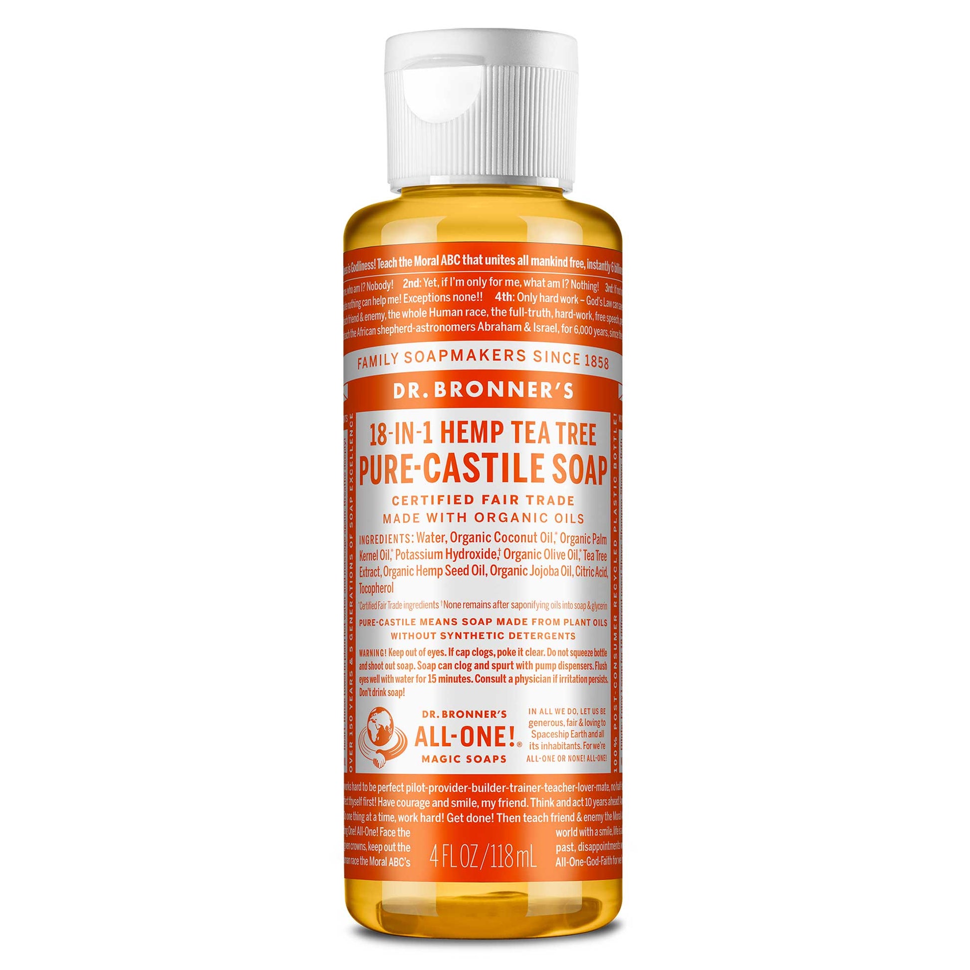 Dr. Bronners 18 in 1 Hemp Tea Tree Pure Castile Soap bottle features orange labeling with text detailing organic ingredients like coconut and olive oils, and the products fair trade certification. Capacity 4 fl oz [4 oz]