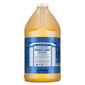 A half gallon bottle labeled Dr. Bronners 18 in 1 Pure Castile Magic Soap Peppermint displayed against a plain background, highlighting its diverse uses and organic ingredients. Text includes product details and usage instructions  [64 oz, 1/2 Gallon]
