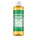 A bottle of Dr. Bronners 18 in 1 Pure Castile Magic Soap in almond scent, featuring a green label with detailed text and organic certification, against a plain background [8 oz]