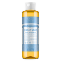 A bottle of Dr. Bronners Magic Soap labeled as Baby Unscented Pure Castile Soap features a blue wrapper with white text detailing its organic, fair trade formula. The bottle is set against a plain background [8 oz]